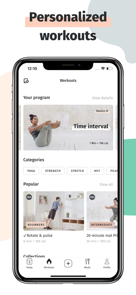 8fit Workouts & Meal Planner - Die 8fit App-Oberfläche zeigt personalisierte Trainingsprogramme und Fitnesskategorien