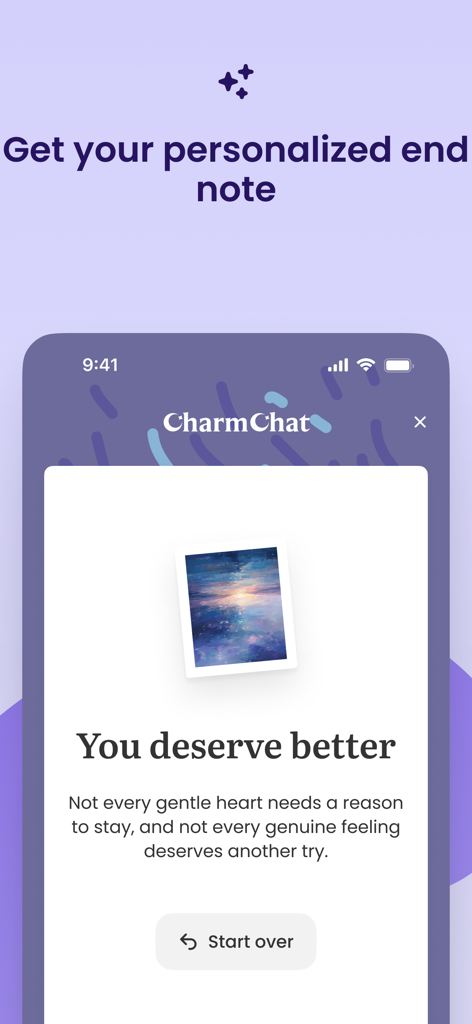 CharmChat app screen displaying a personalized end note with supportive dating advice.