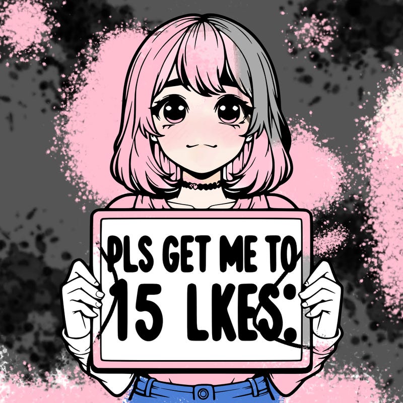 realistic girl holding up a sign that says “pls get me to 15 likes!”