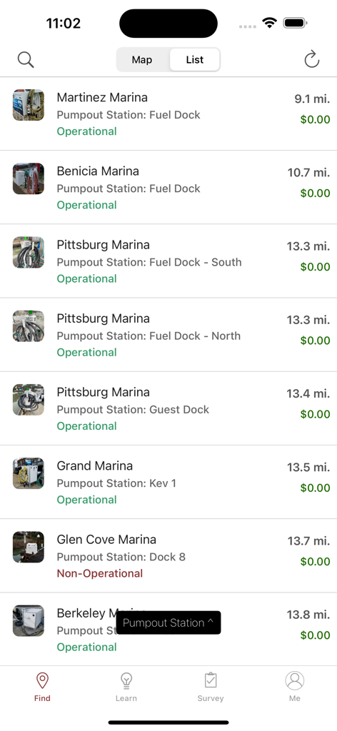Pumpout Nav - A list of nearby marina pumpout stations in the Pumpout Nav app showing operational status, distance, and price.