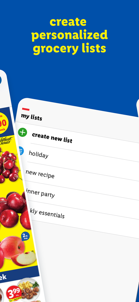 myLidl - Mobile screen of the myLidl app displaying personalized grocery list categories like holiday and weekly essentials