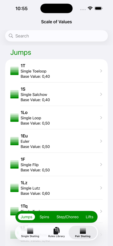 Scale of Values app screen displaying a list of figure skating jumps and their technical base values