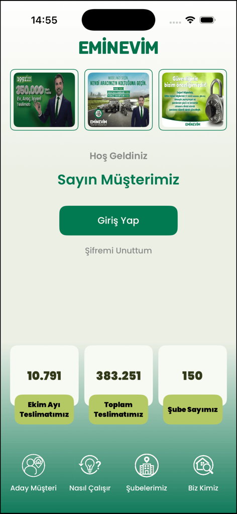 Eminevim mobile app welcome screen featuring a login button and statistics on total deliveries and branch count