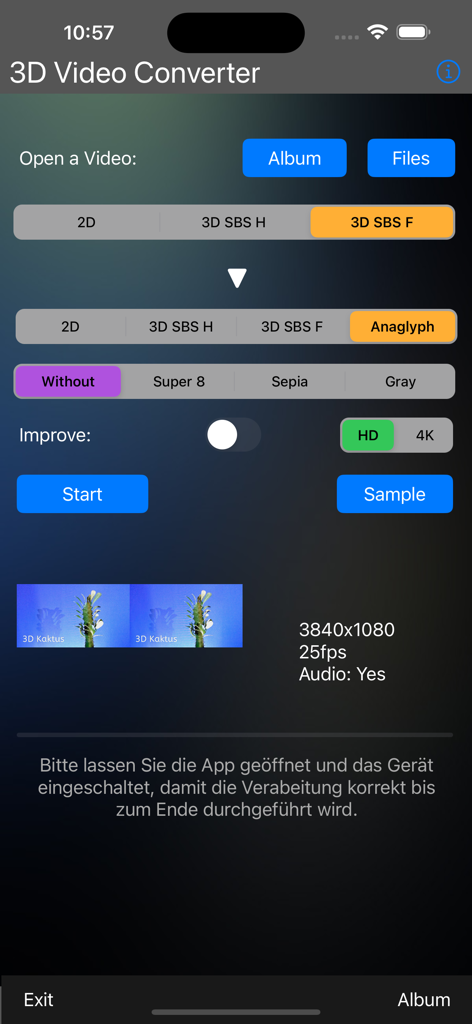 Interfaz de usuario de la aplicación 3D Video-Converter que muestra la configuración de conversión de vídeo de 3D SBS a formato Anaglifo