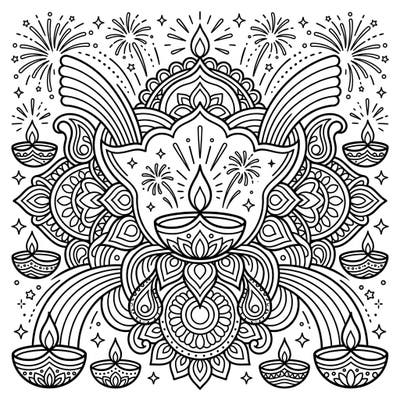 Immerse yourself in the magic of Diwali with this stunning coloring page, combining traditional festive elements with whimsical rainbow sprays. It's a joyful way to celebrate the festival of lights with creativity and color.