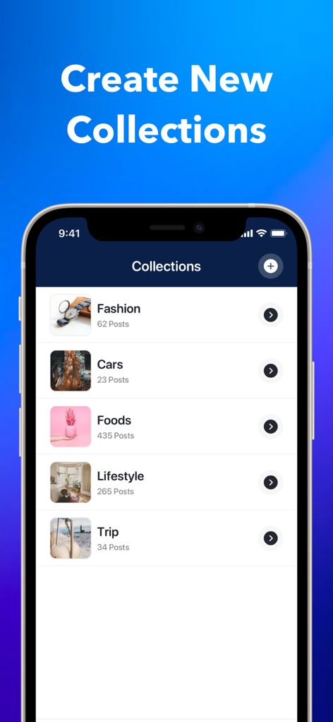 TicDown: Tic Video Saver - A smartphone screen showing the TicDown app collections list including Fashion, Cars, Foods, Lifestyle, and Trip categories.