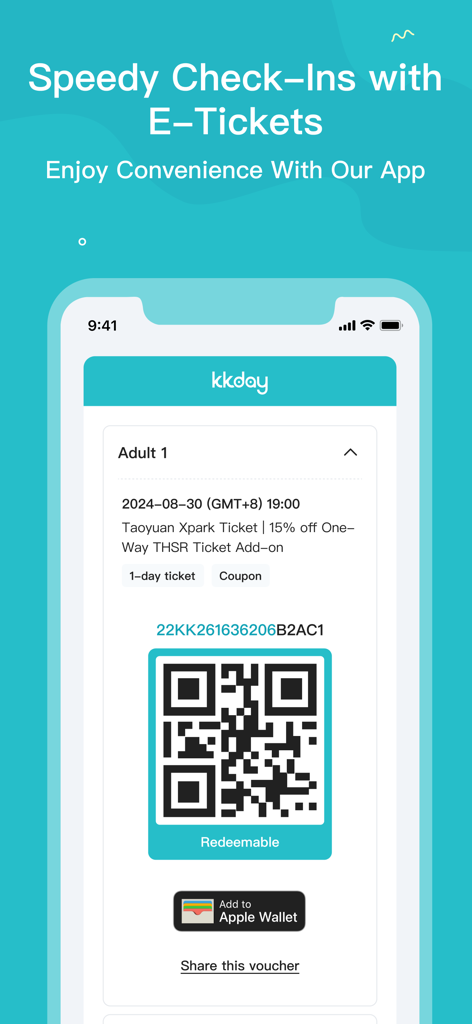 KKday app screen showing an e-ticket with a QR code and Apple Wallet integration for fast check-ins