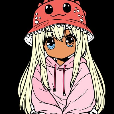girl with anime shaped eyes with a dinosaur bucket hat oversized sweatshirt long straight hair