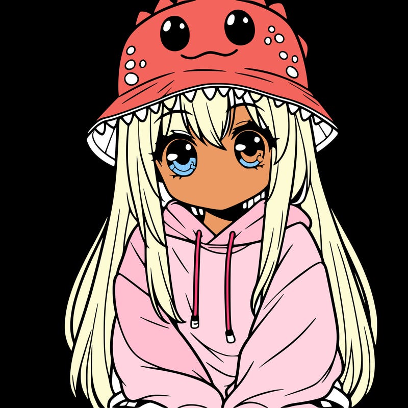 girl with anime shaped eyes with a dinosaur bucket hat oversized sweatshirt long straight hair