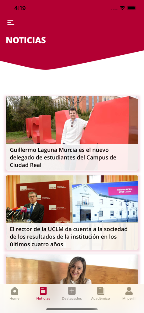 UCLM U. de Castilla-La Mancha - Mobile app screen showing the news feed of the University of Castilla-La Mancha with campus updates and articles.