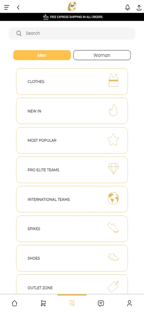 TFC - Trackandfieldclothes - TFC App-Oberfläche, die Herren-Leichtathletikbekleidungskategorien zeigt, einschließlich Pro-Elite-Teams und Schuhen