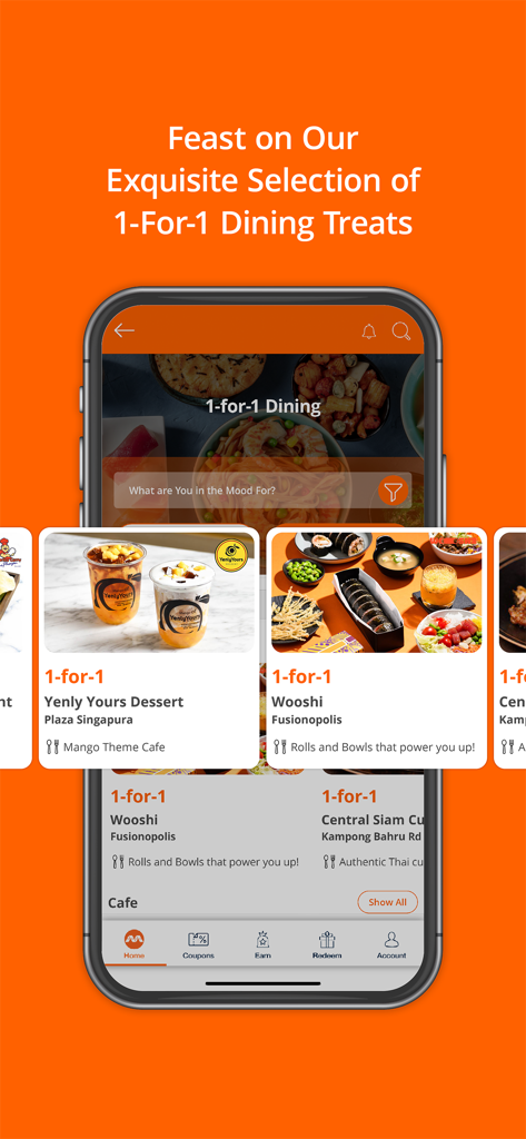 Merewards app screen showing 1 for 1 dining deals for restaurants and cafes