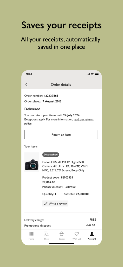 Der John Lewis App-Bildschirm zeigt Bestelldetails und digitale Belege für einfache Rücksendungen.