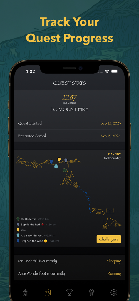Fantasy Hike - ファンタジーマップ上のマウント・ファイアへのクエストの進捗状況と距離を示すFantasy Hikeアプリ。
