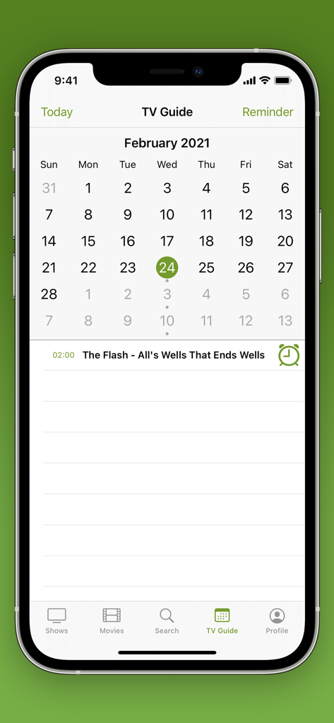 La schermata Guida TV di The WatchApp 2 mostra un calendario mensile e promemoria per gli episodi programmati