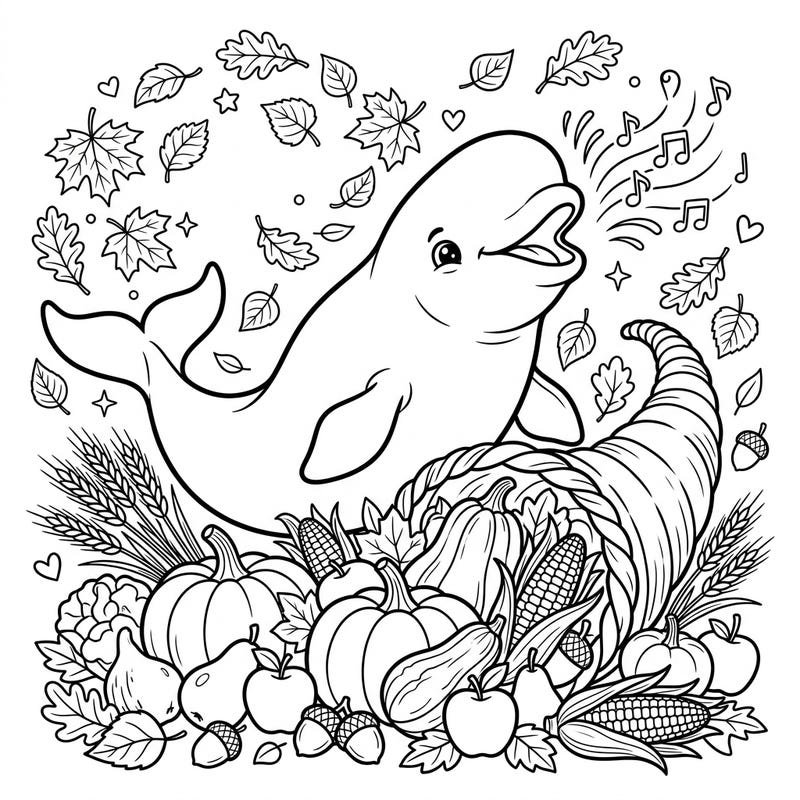 Celebrate gratitude and the bounty of autumn with this adorable Beluga Whale Thanksgiving coloring page. Featuring a joyful whale among festive harvest elements, it's perfect for a cozy creative session.