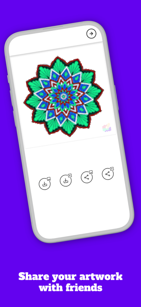 Eine fertige Pixelkunst-Mandala auf einem Smartphone-Bildschirm mit Optionen zum Teilen und Herunterladen.
