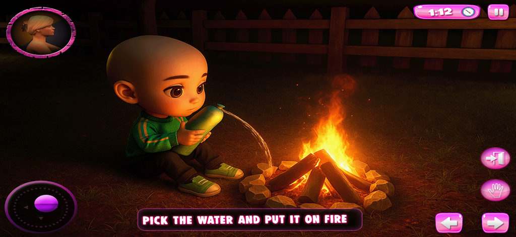 Un personaje infantil animado apagando una fogata en el Juego Simulador de Bromas de Madrastra