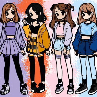 one girl with crop-top shirt and a jacket with a skirt, long socks and another girl with a shirt and pants with a jacket