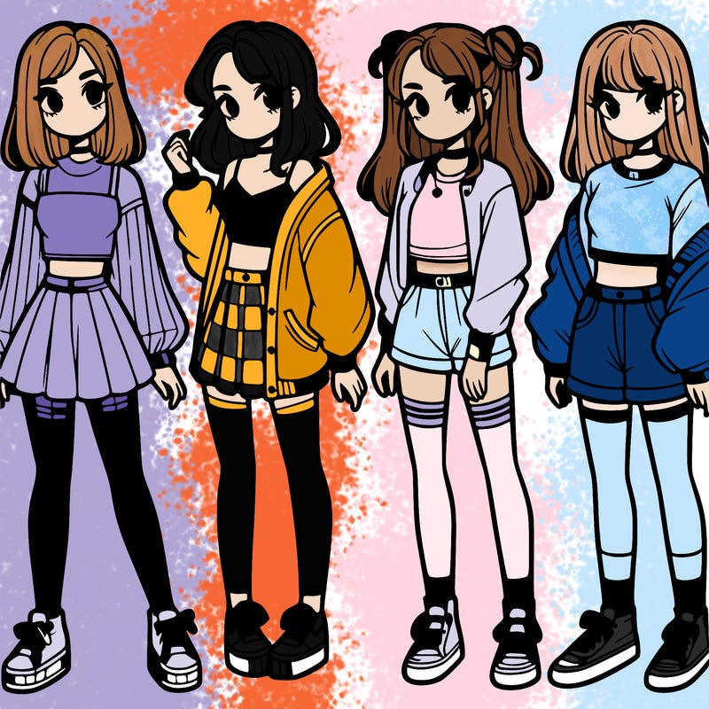 one girl with crop-top shirt and a jacket with a skirt, long socks and another girl with a shirt and pants with a jacket