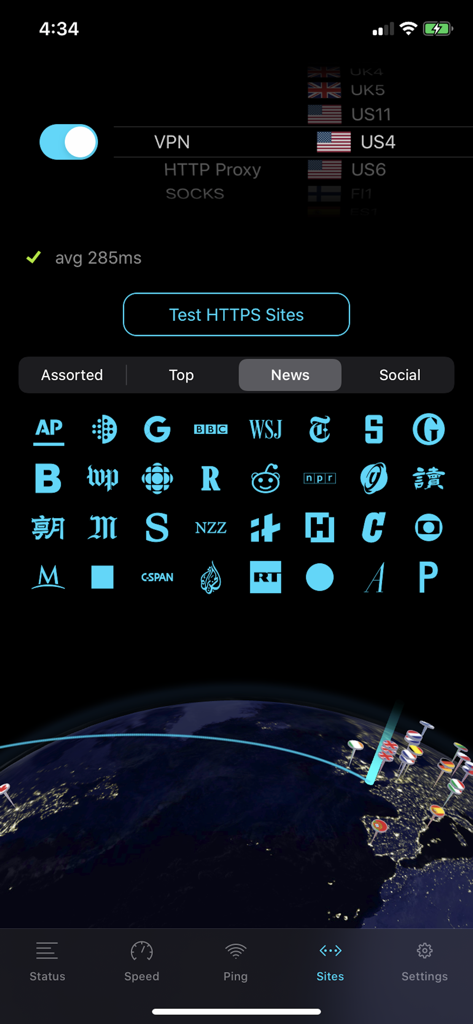 NetShade - NetShade app interface featuring news site shortcuts and a global server map