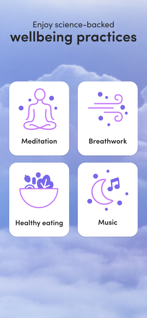 Roundglass Living: Wellbeing - Roundglass Living app screen showcasing icons for meditation, breathwork, healthy eating, and music.