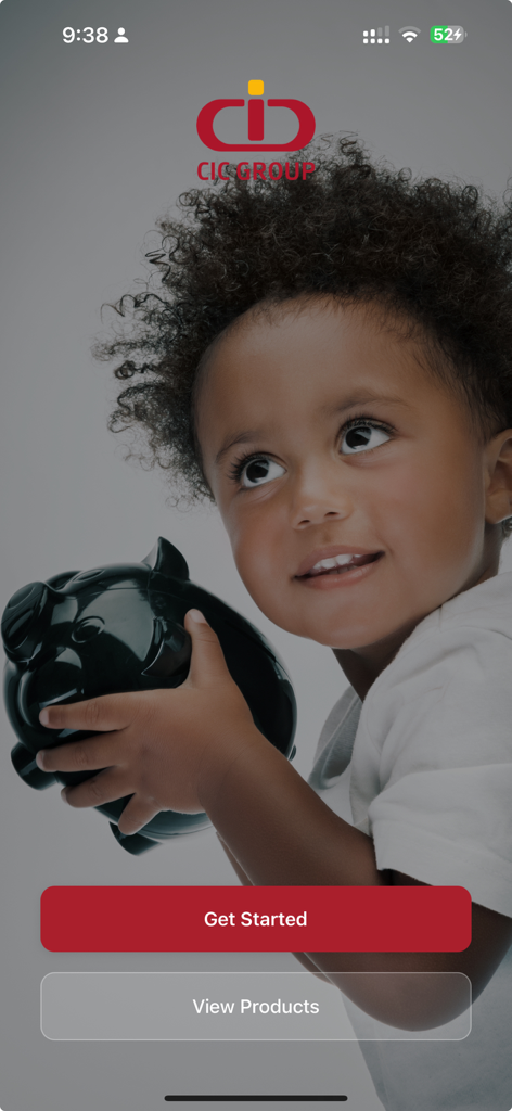 Welcome screen of the CIC PLUS app featuring a child holding a piggy bank and a Get Started button
