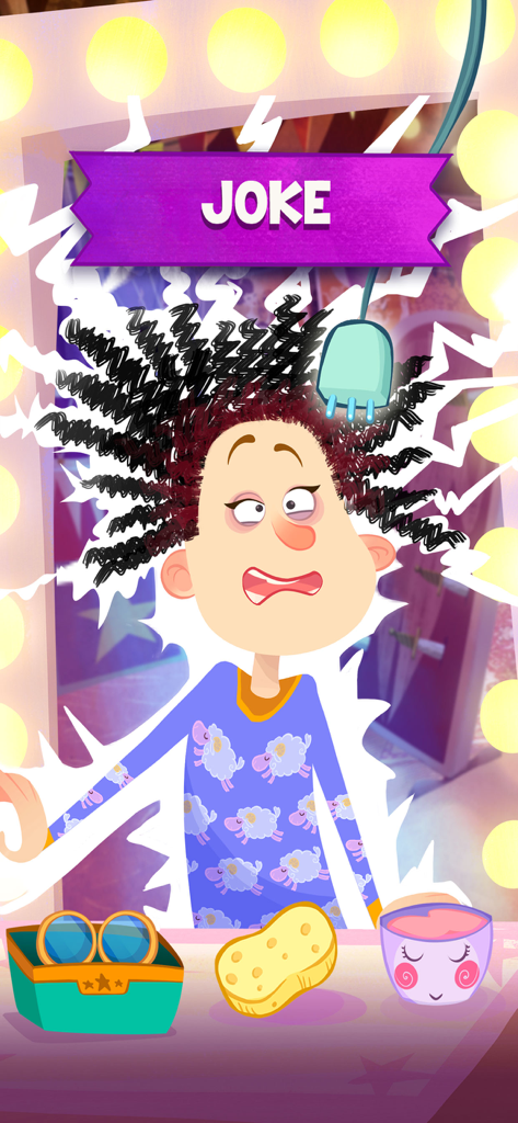 Un personaje divertido con cabello rizado recibiendo un cambio de imagen de broma con una herramienta de estilismo eléctrica.