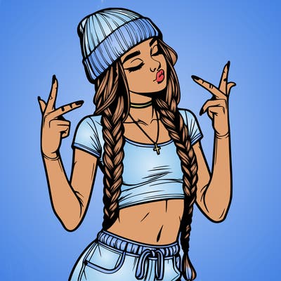 realistic teenage girl with braids and a beanie and crop top doing 🫶🏼