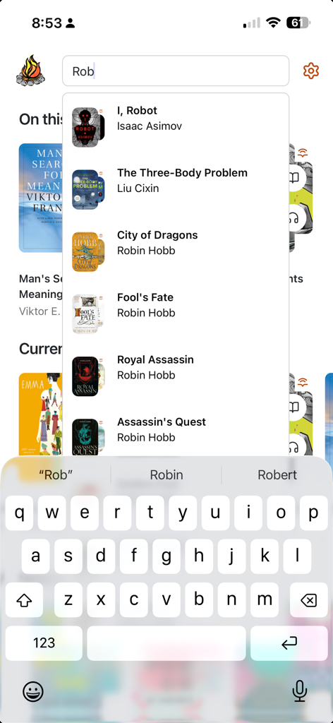 Storyteller Reader - Search screen of the Storyteller Reader app showing book results for a library search.