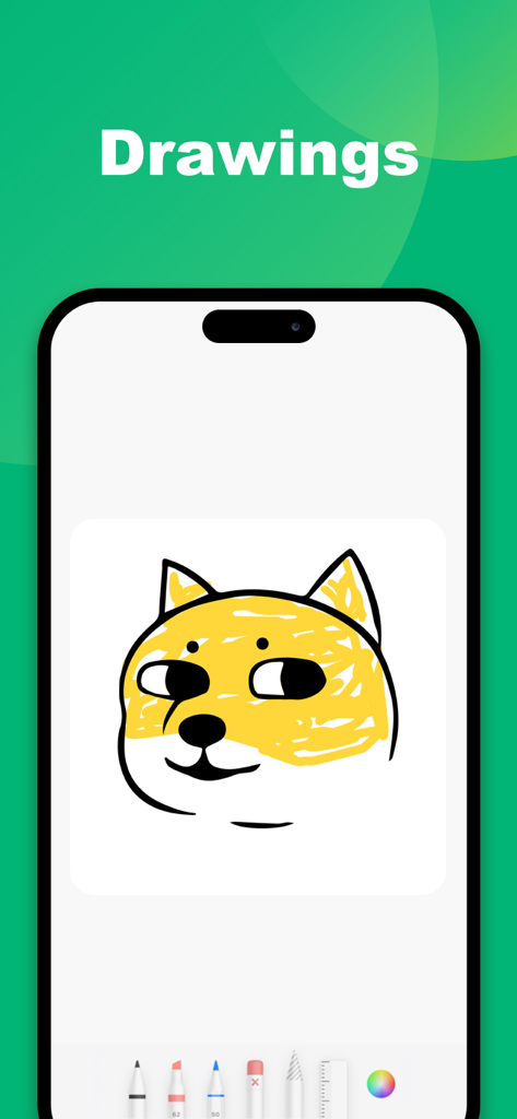 Une interface mobile montrant la fonctionnalité Dessins avec une illustration de chien dessinée à la main et un ensemble d'outils d'art numérique.