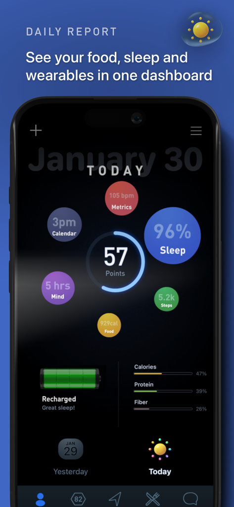 Gyroscope - A dark-themed mobile dashboard showing daily health metrics including sleep, steps, and nutrition progress in a circular visualization.