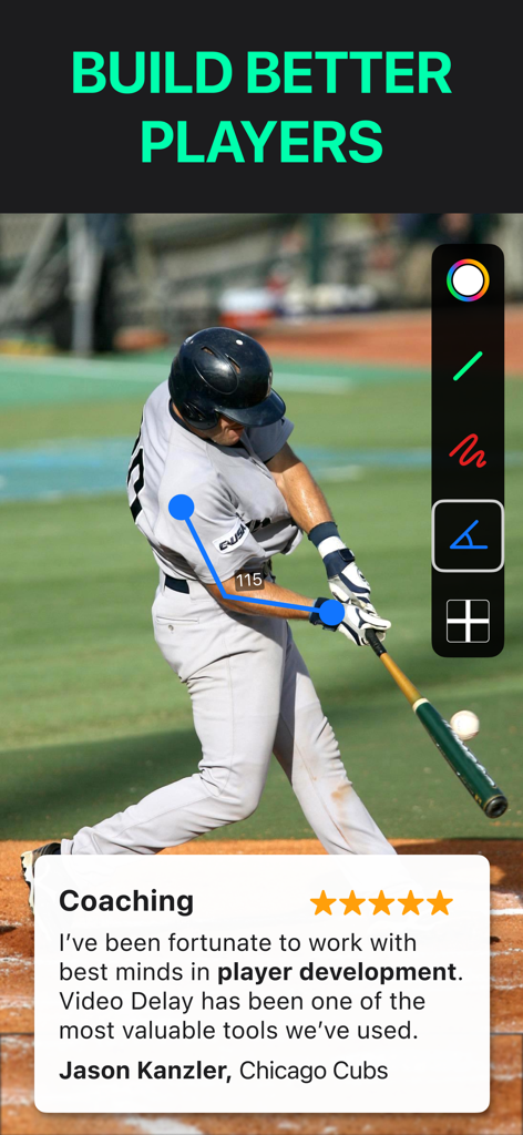 Baseball swing analysis using Video Delay app with angle measurement tools and coaching testimonial from the Chicago Cubs