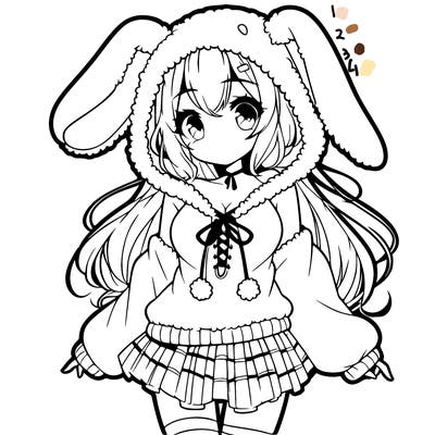 pretty anime girl wearing a fluffy hoodie with bunny ears on the hood and a skirt