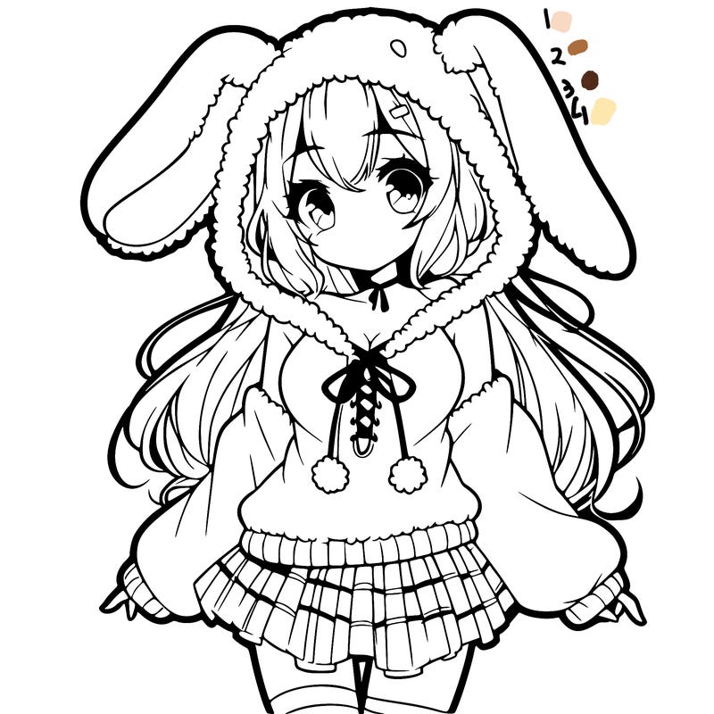 pretty anime girl wearing a fluffy hoodie with bunny ears on the hood and a skirt