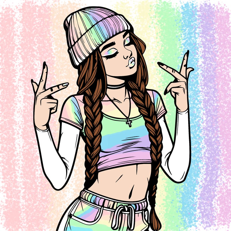 realistic teenage girl with braids and a beanie and crop top doing 🫶🏼