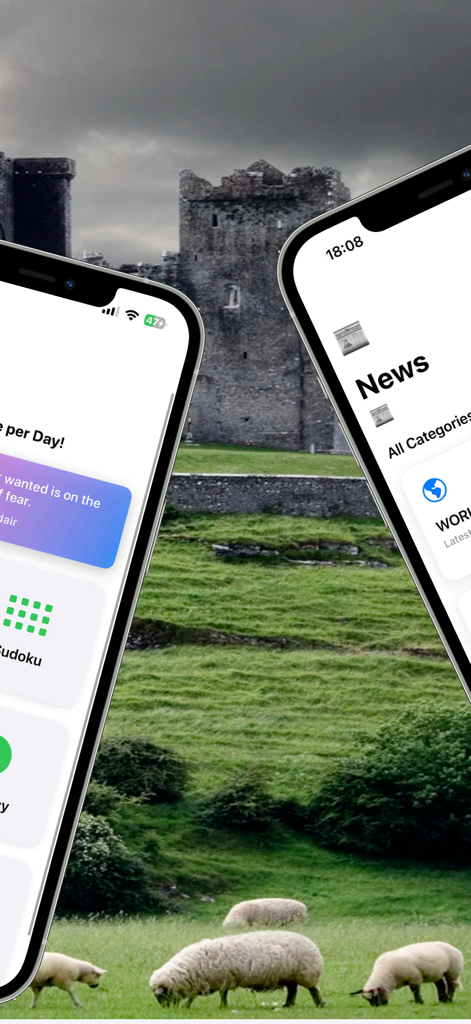 Irish Radio – Live Stations - Irish Radio app showing news and games on iPhones with a scenic Irish castle background