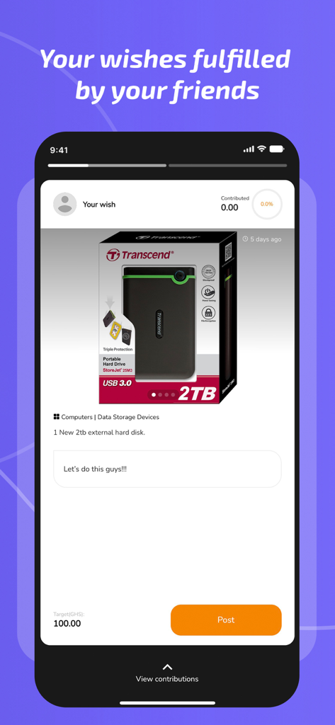 Pamo - Aplicativo móvel Pamo mostrando um pedido de compra de um disco rígido externo de 2TB com uma meta de crowdfunding.