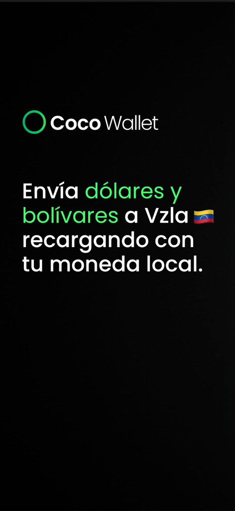 Coco Wallet - Banca Digital - Coco Wallet app welcome screen with text in Spanish about sending dollars and bolivars to Venezuela using local currency