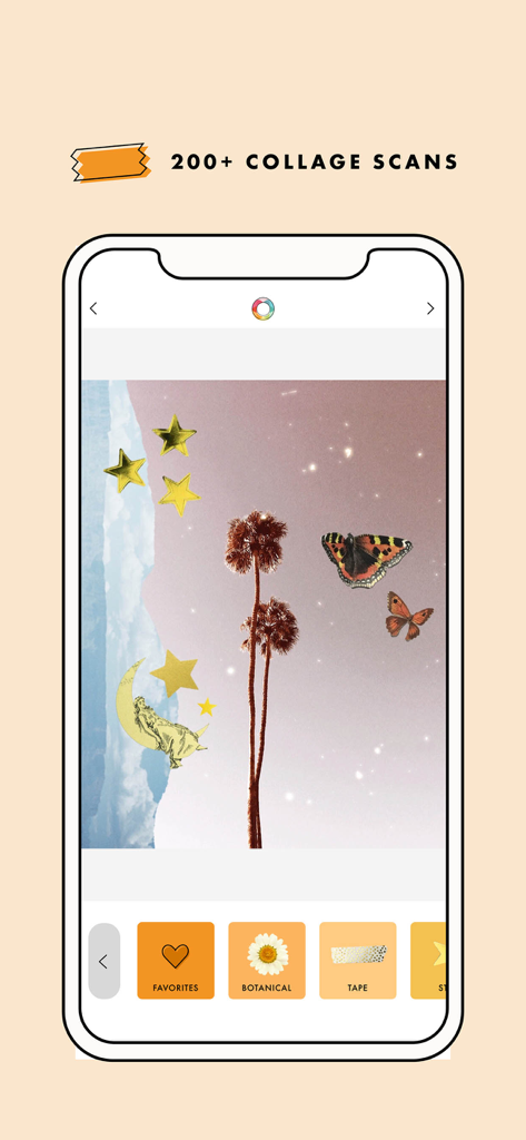 A Design Kit: Collage Maker - A Design Kit app interface showing the collage scans feature with vintage stickers and artistic textures
