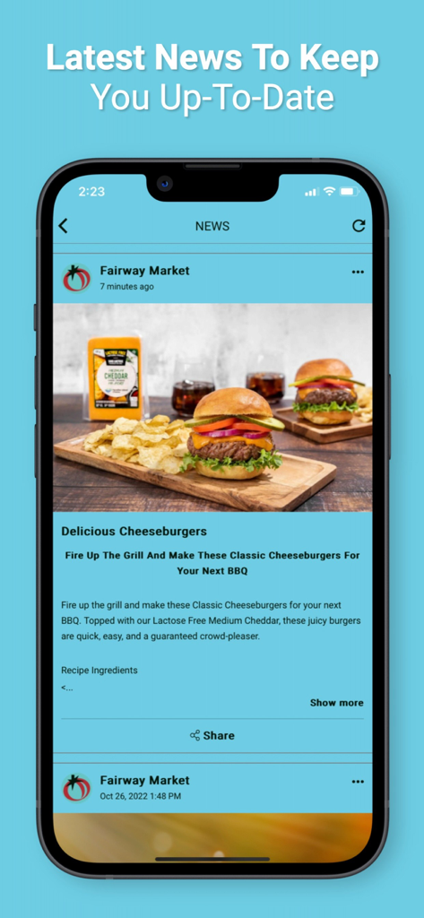 Feed de notícias do aplicativo Fairway Market apresentando uma receita de cheeseburgers deliciosos