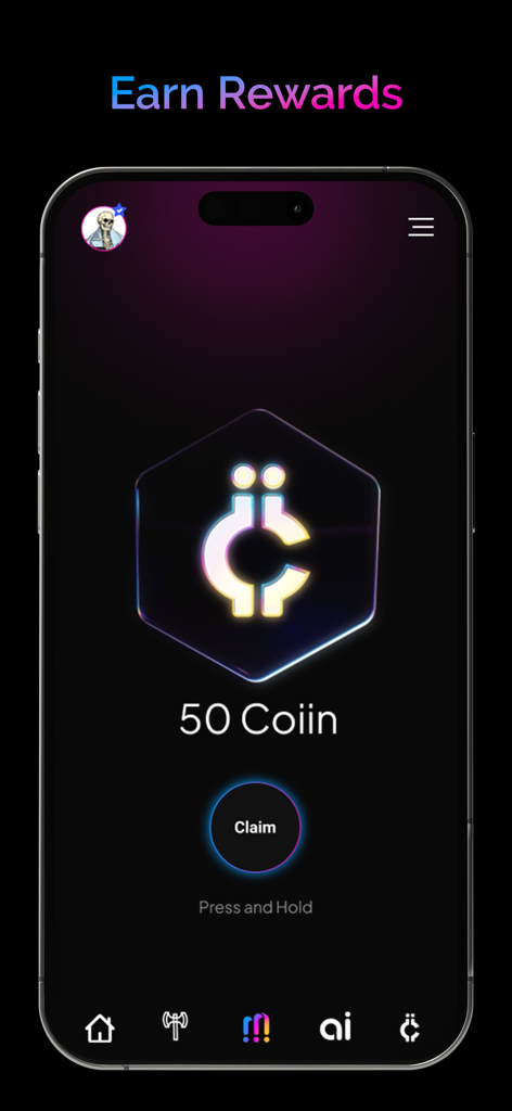Raiinmaker app screen showing a user claiming 50 Coiin rewards by pressing and holding a button.