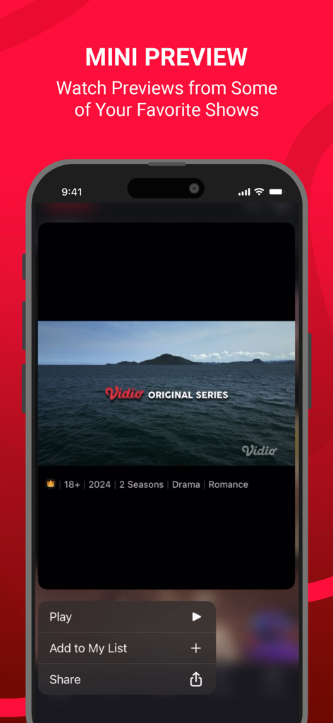Vidio: Sports, Movies, Series - Vidio app mini preview interface showing an original series teaser and playback controls