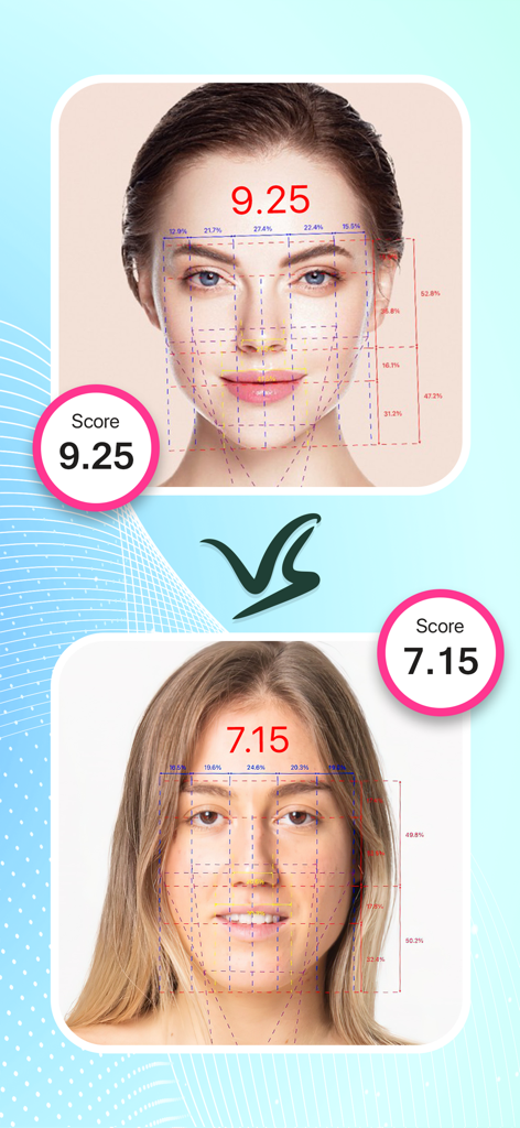 Beauty Scanner - Face Analyzer - Two female faces compared with beauty analysis scores and golden ratio masks in a versus battle