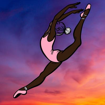 gymnast doing a leap in a leotard with a bent back leg