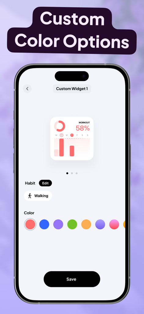 Habit Tracker Widget - iPhone screen showing custom color picker for personalizing a habit tracker widget