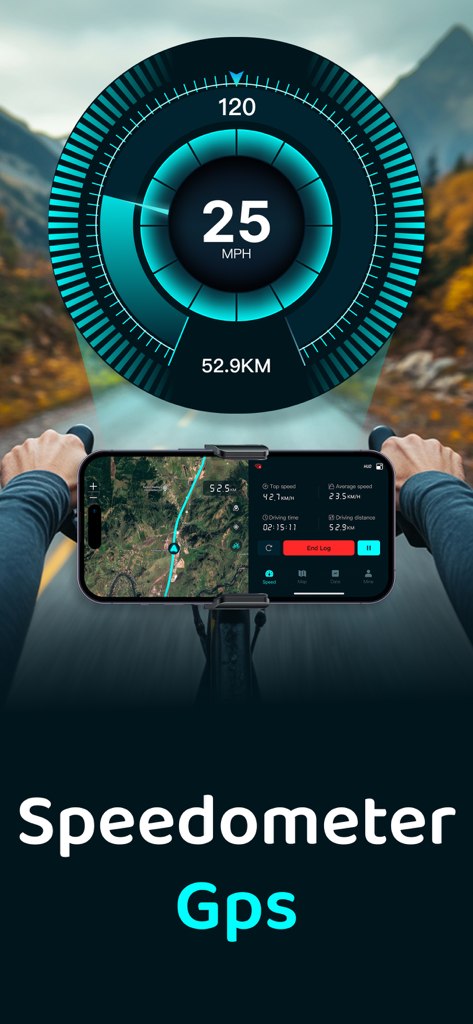 Smartphone mounted on a bicycle handlebar displaying real-time speed and trip data using the Speedometer GPS app.
