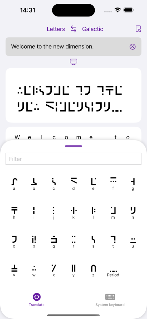 Standard Galactic Alphabet - Interface of the Standard Galactic Alphabet app showing English text translated into symbols.