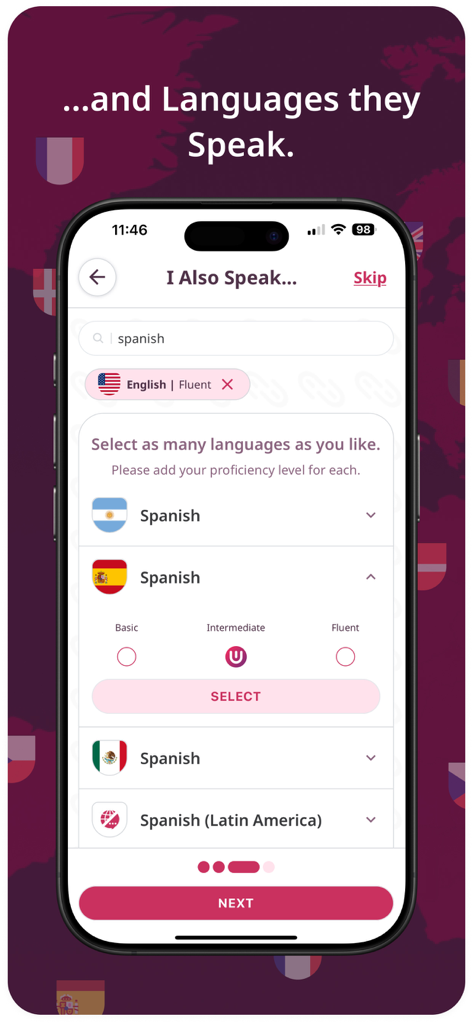 Linguado - A smartphone displaying the Linguado app language selection screen with proficiency levels for Spanish.