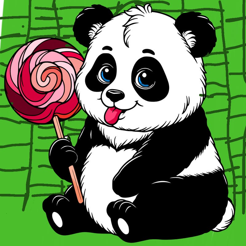 a realistic panda eating a lollipop